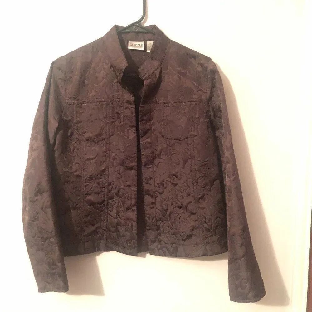 Chicos Size 1 Embroidered Brown Blazer Jacket. R